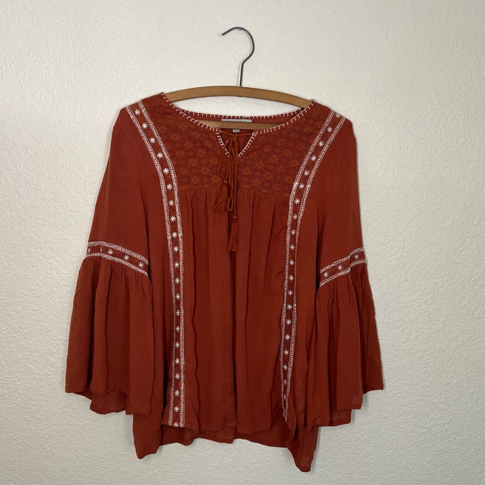 Women's World Market Rust Orange Blouse Top With Embroidered Detail Size Small